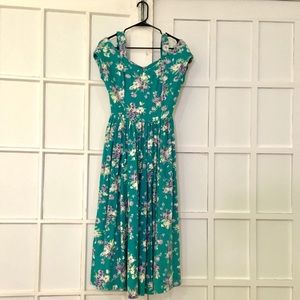 Laura Ashley 80s does 50s teal sateen midi dress